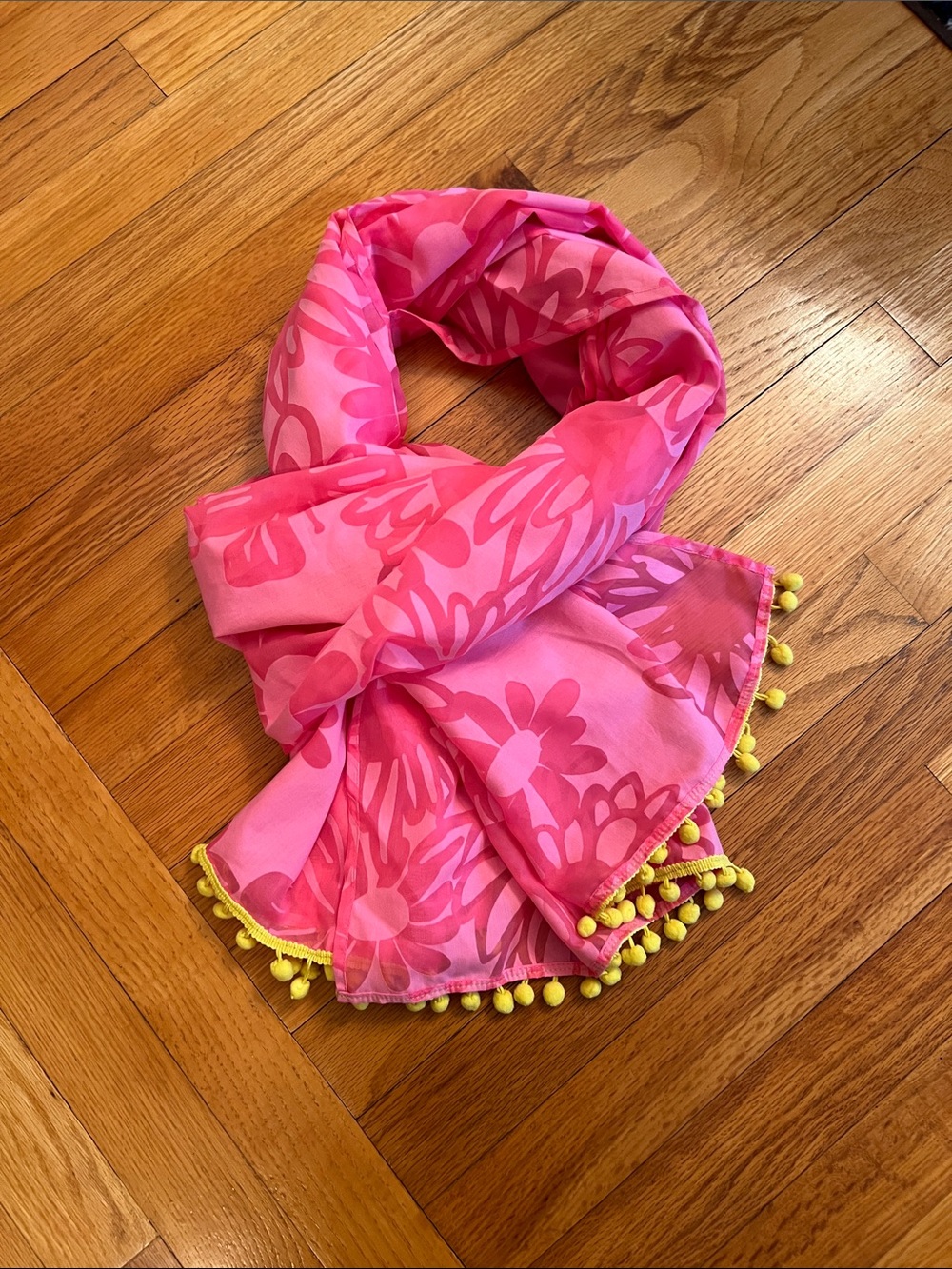 Lilly Pulitzer Bright Pink Floral Scarf Wrap with Yellow Pom Trim 79x25